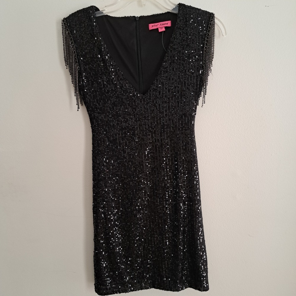 Betsey Johnson Black‎ Sequin Chain Fringe Dress XS Cocktail Party